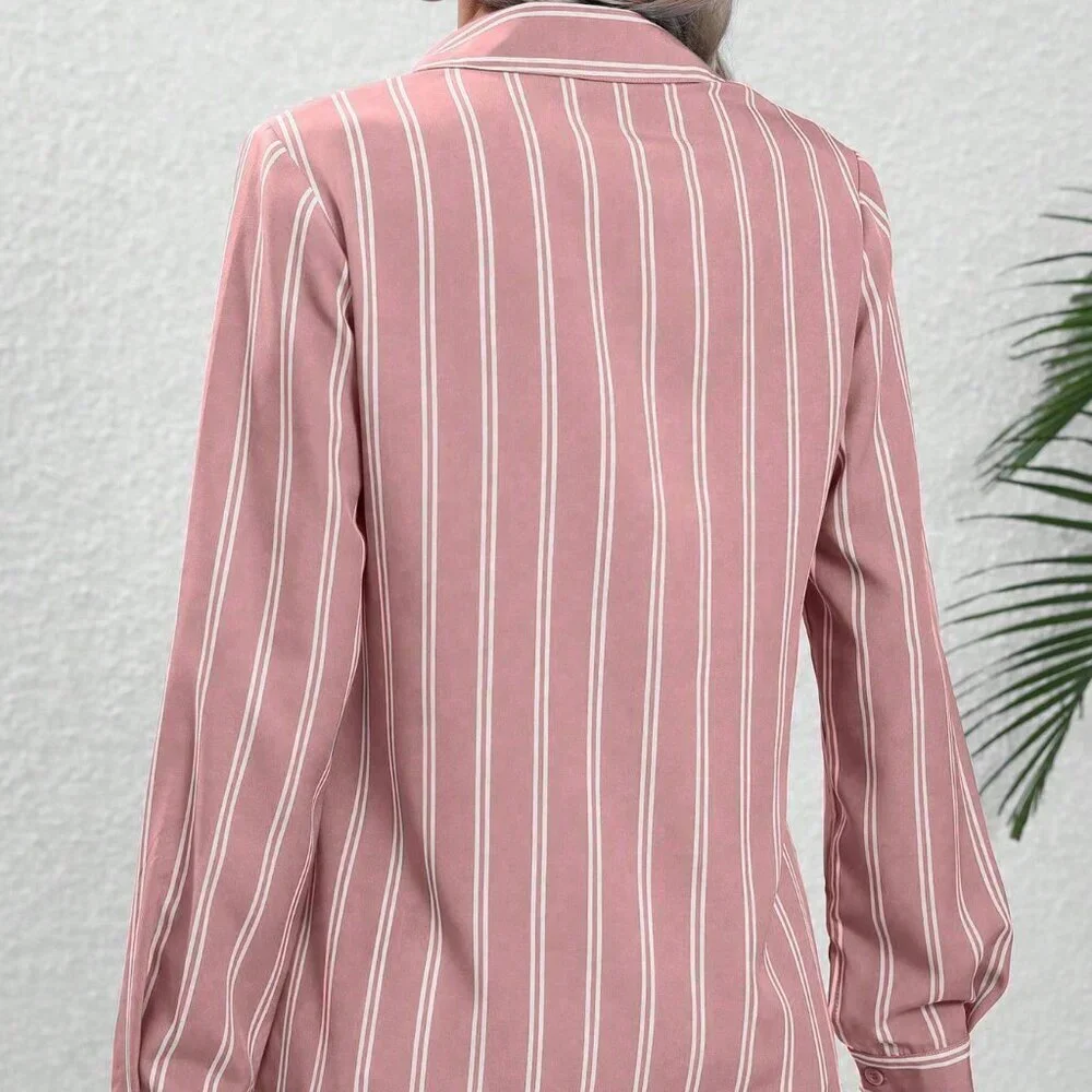 Pink Casual Women's Striped Button-Front Long Sleeve Shirt